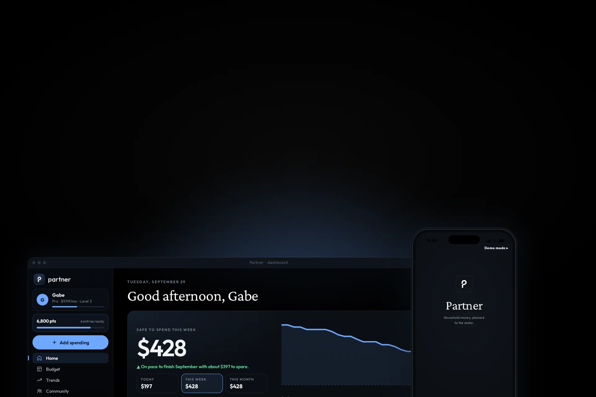 The Partner dashboard’s Home page, with the iPhone app’s welcome screen in front of it.