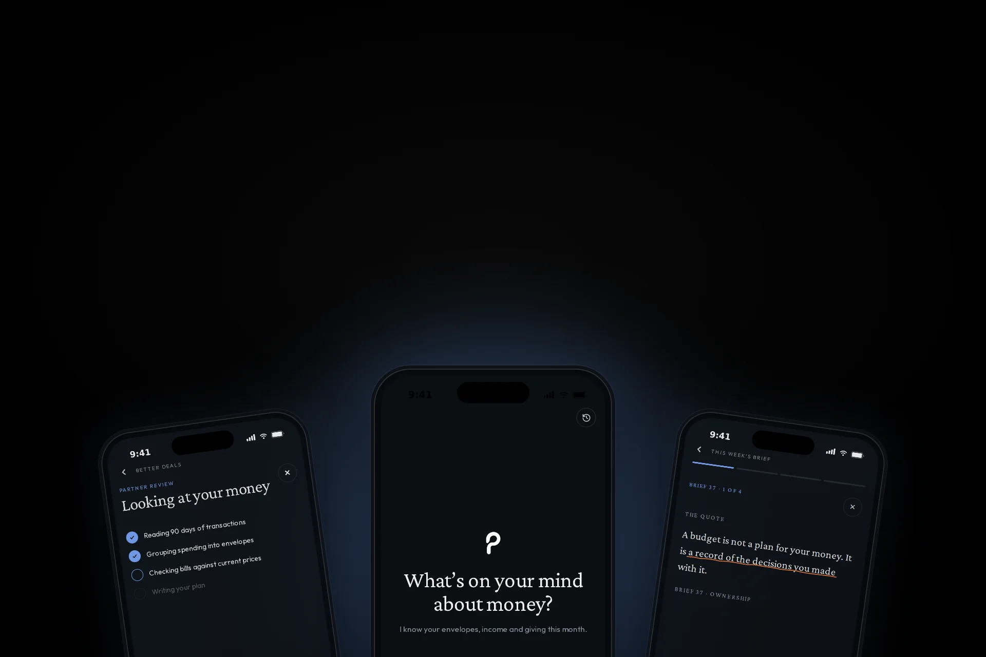 Three iPhone app screens: the budget review, Ask Partner, and this week’s brief.