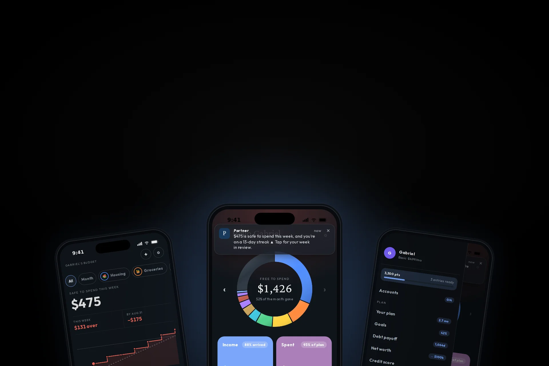 Three iPhone app screens: the budget, a Partner notification over the home screen, and the menu with points and badges.