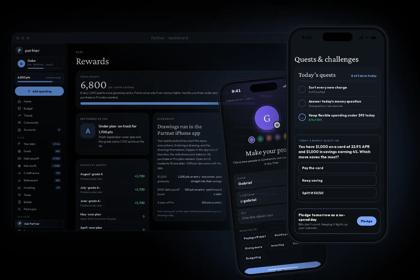 The dashboard’s Rewards page with points, a monthly grade and giveaway entries, beside the iPhone app’s quests and Community profile screens.