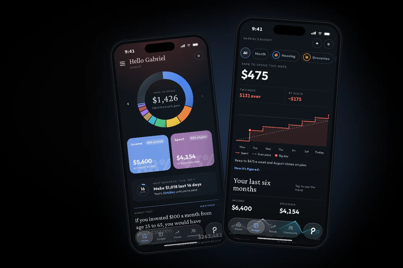 Two iPhone app screens: the home screen’s free-to-spend ring, and the budget with safe to spend this week and the daily step chart.