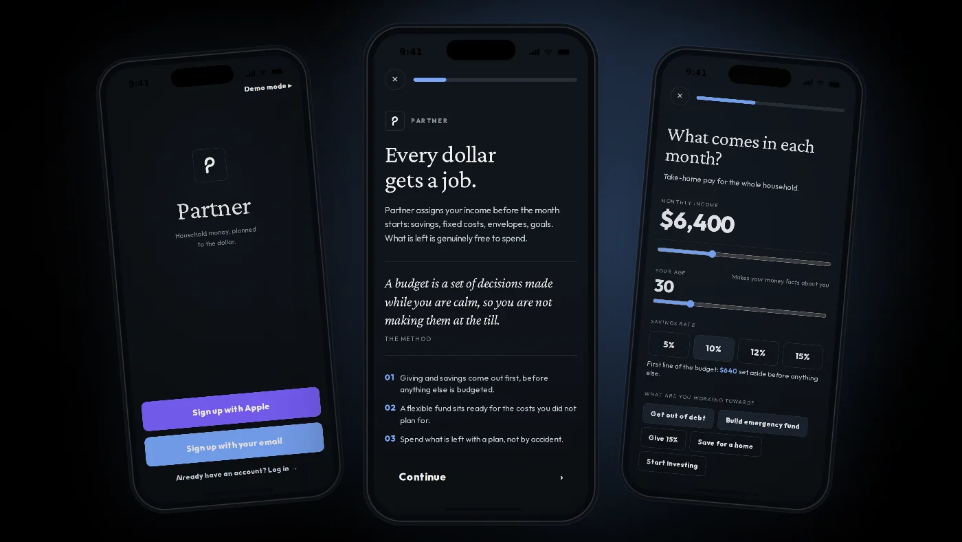 Three iPhone app screens from setup: the welcome screen, “Every dollar gets a job,” and what comes in each month.